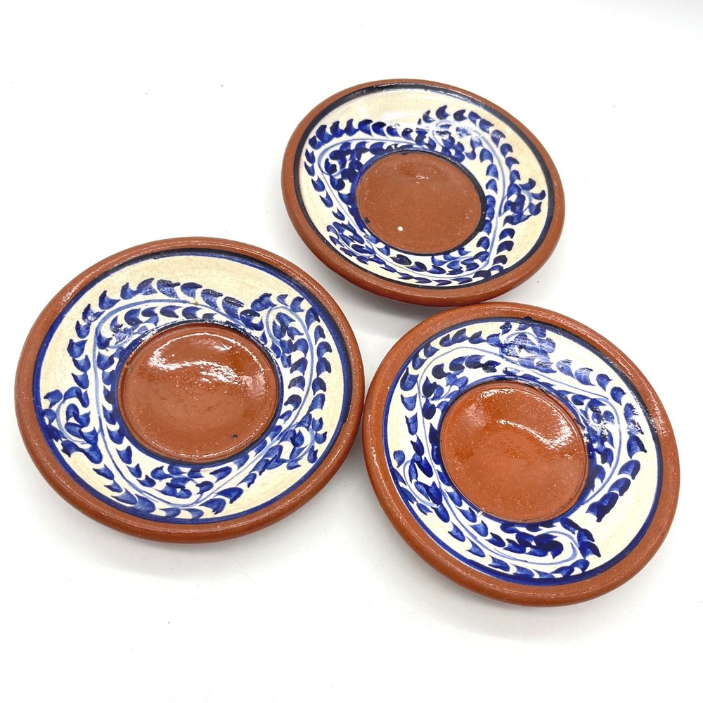 Set of 3 Mexican Talavera Style Hand Painted Terracotta Clay Saucers 4.75in